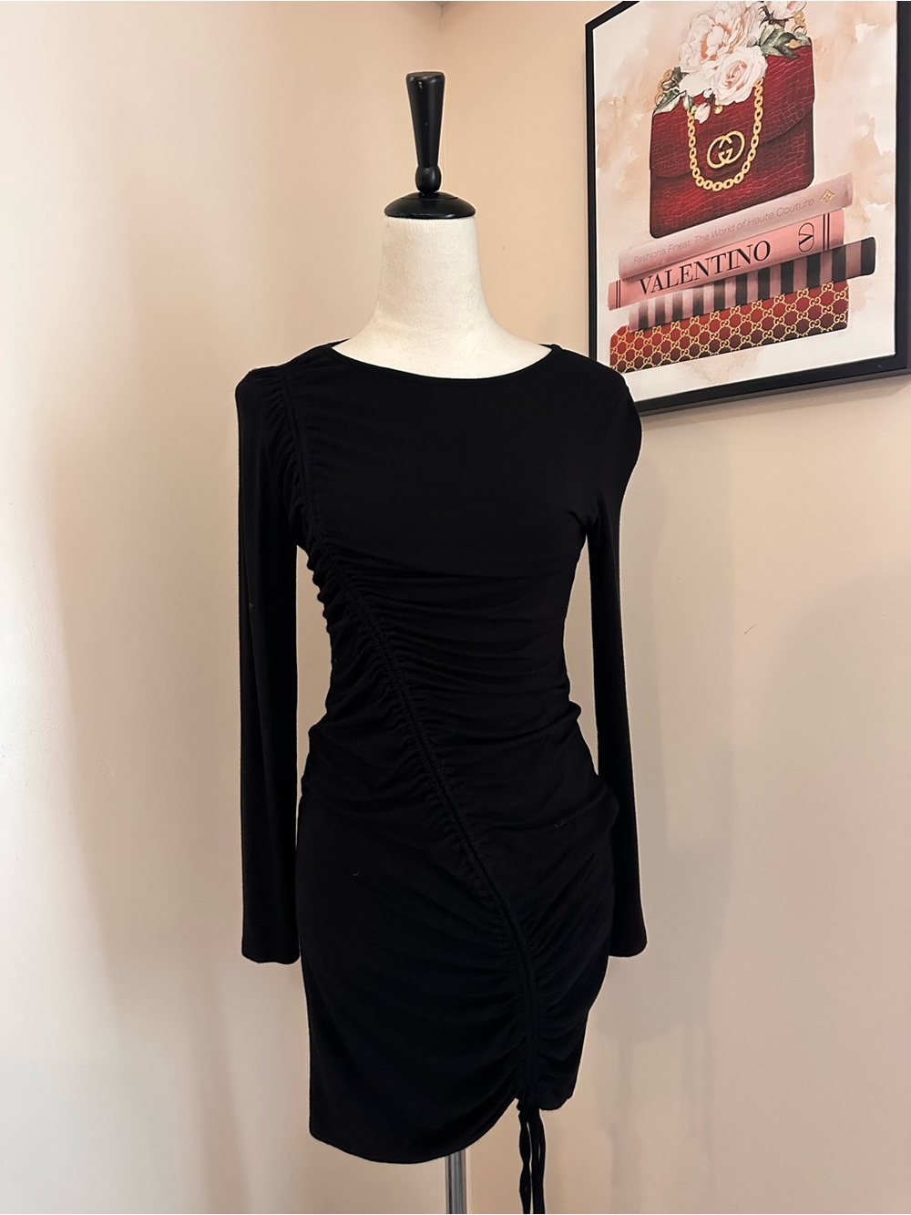 Asymmetrical Black Ruched Long-Sleeve Dress